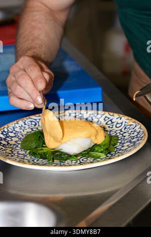 A chef delicately plates a gourmet dish with sauce in a restaurant kitchen. The meal is elegantly arranged on a patterned plate, showcasing culinary a Stock Photo