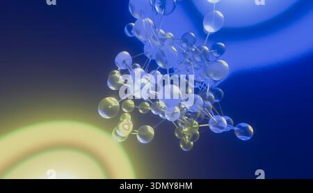 A digitally rendered image of a molecular structure, featuring translucent spheres and rods against a vibrant blue and yellow, glowing background, sym Stock Photo