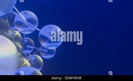 A detailed 3D render of interconnected translucent molecules set against a deep blue background, creating a futuristic and scientific visual ideal for Stock Photo