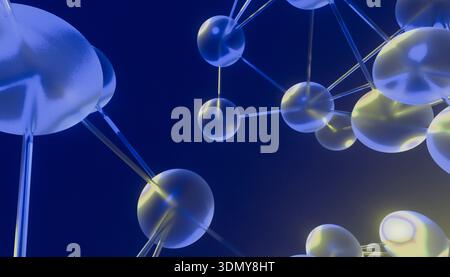 A digital render of interconnected molecules, highlighted in blue hues, showcases an intricate and abstract molecular structure against a deep blue ba Stock Photo