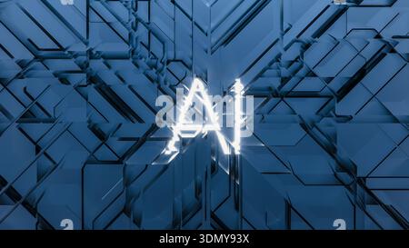 A design shows letters AI representing artificial intelligence against a tech background. The layout features a blend of shapes and textures. Stock Photo