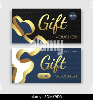 Gift voucher design with a golden heart shaped ribbon. Vector illustration Stock Vector