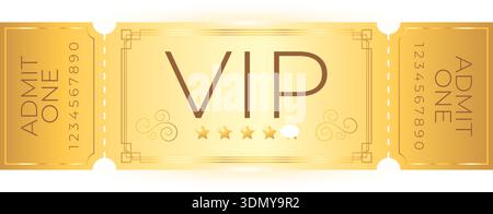 Elegant golden VIP ticket coupon template isolated on white background. Festival, premiere events, luxury and VIP invitation design. Vector illustrati Stock Vector