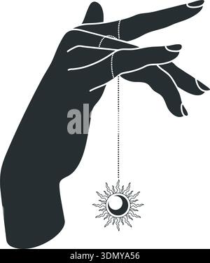 Celestial emblem with female hand holding a celestial pendant with sun and crescent moon. Vector illustration Stock Vector