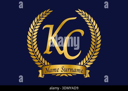 Initial letter K and C, KC monogram logo design with laurel wreath. Luxury golden emblem with calligraphy font. Stock Vector