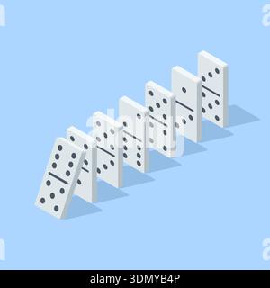 Isometric vector domino tiles lined up with the last tile falling on them, in color on a blue background, the domino principle or business concept of Stock Vector