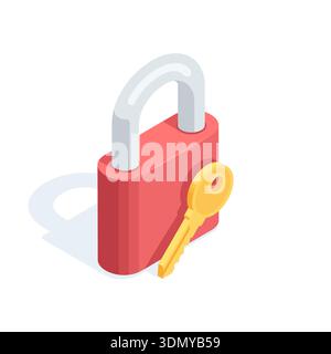 Isometric vector red lock and golden key, in color on a white background, password protection or secure data access Stock Vector