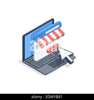 Isometric vector icon of laptop and open online store window, in color on white background, online shopping with just one click Stock Vector