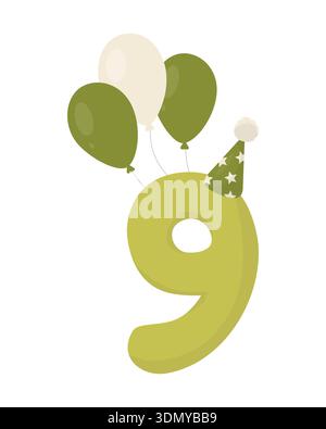 A green number nine with three balloons and a star-shaped party hat. Pastel flat vector with soft shadows. Perfect for birthday and anniversary invita Stock Vector