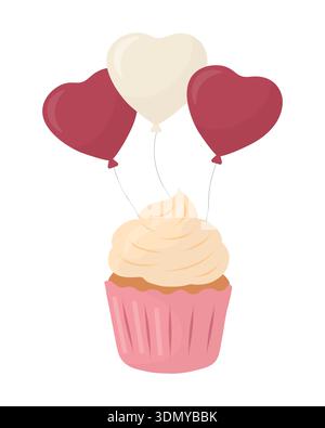 Pink cupcake with creamy swirl and three heart balloons. Pastel vector illustration with rounded shapes and highlights. Romantic dessert icon for Vale Stock Vector