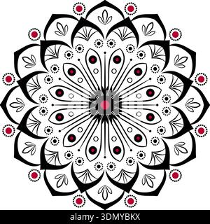 Intricate black red mandala round ethnic ornament Stock Vector