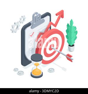 Isometric vector concept of target with arrow next to hourglass and clipboard with list, in color on white background, achieving goal and planning for Stock Vector
