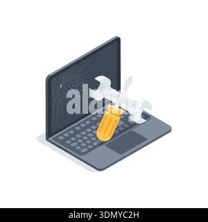 Isometric vector laptop with a broken screen and a screwdriver with a wrench, in color on a white background, repair of laptops and other equipment Stock Vector