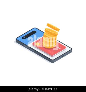 An isometric vector smartphone with a bank card on the screen and falling coins, in color on a white background, cashless payment for services and goo Stock Vector