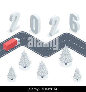 Isometric vector concept with road and truck passing by large numbers 2026, in color on a white background, the coming New Year or logistics and cargo Stock Vector