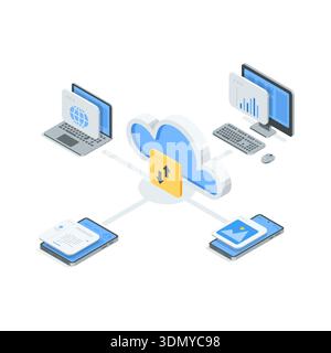 Isometric vector concept of a network of a computer, laptop, phone, and tablet connected to the cloud, in color on a white background, cloud network f Stock Vector