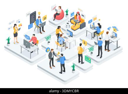 Isometric vector business people with laptops and tablets working in an office, in color on a white background, working remotely or online in a team Stock Vector
