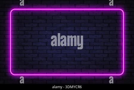 Glowing pink neon frame on a dark brick wall creates a modern futuristic atmosphere. Perfect for digital ads, posters, or stylish presentations. Stock Vector