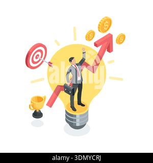 Isometric vector concept of a business man with a briefcase raising his hand standing inside a light bulb and a large arrow, in color on a white backg Stock Vector