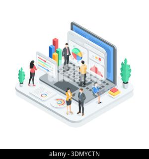 Isometric vector concept with business people near a large laptop screen, working with graphs and charts, in color on a white background, processing s Stock Vector