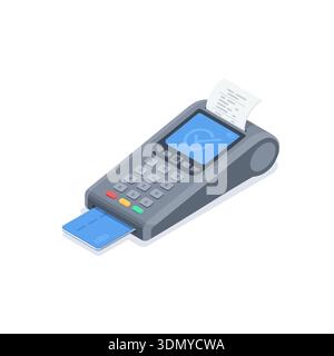 Isometric vector payment terminal with a plastic card and a receipt, in color on a white background, cashless payment for services and goods through t Stock Vector