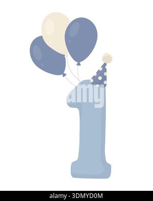 First birthday number one in soft blue with party hat and balloon bouquet. Flat vector for baby boy first birthday invitations, greeting cards, nurser Stock Vector