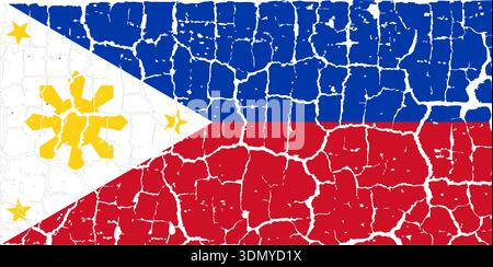 Illustration of the national flag of the Philippines painted on a cracked wall. Grunge distressed style background with official Filipino blue, red, a Stock Vector