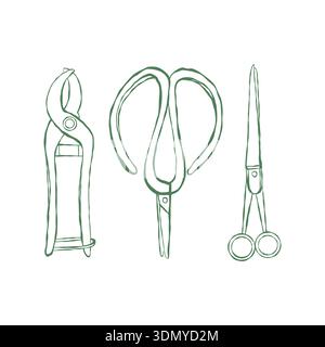 Set of gardening tools icons in doodle style, isolated on white background. Garden shears vector outline illustration. Stock Vector