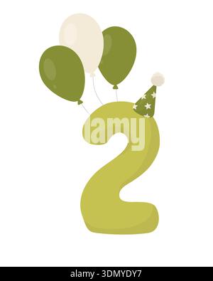 Green number 2 with three balloons and a star party hat. Pastel flat vector with soft shading. Birthday anniversary numeral clipart on white. For seco Stock Vector