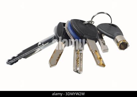 Bunch of safe keys on keyring isolated on white background Stock Photo