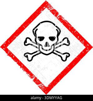 GHS06 Toxic hazard pictogram. Red diamond warning sign with a grunge, distressed texture. Vector illustration featuring a skull and crossbones symbol, Stock Vector