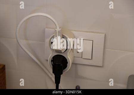 Wall Power Outlet Adapter Connected Cables Stock Photo