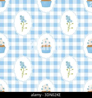 Romantic Rustic Coquette seamless pattern with cupcakes and flowers on a checkered background. Cute Vector illustration. Stock Vector