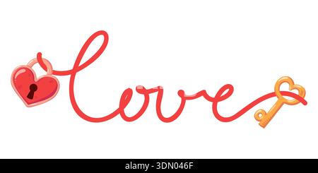 Cartoon red handwritten love lettering with heart padlock and golden key. Vector isolated illustration on white background  Stock Vector