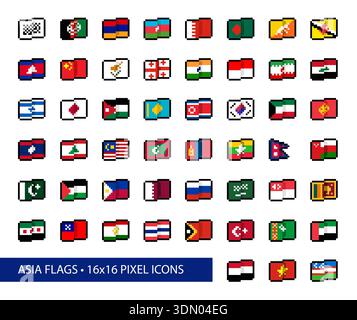 Asia Flags 16x16 Pixel Art Icons Vector Set. 45+ pictograms are simplified, abstract pixel interpretations of flag designs in common use as of 2026. Stock Vector