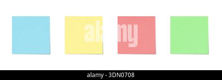 Blank Pastel Sticky Notes Set with Realistic Paper Texture in Blue, Yellow, Pink and Green. Minimal Square Memo Papers on White Bg for Office, Education, Planning, Design Mockup. Vector Illustration Stock Vector