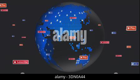 Showing stylized dotted globe outlining Asia Oceania on interface, with Subscribe Play Like badges Stock Photo