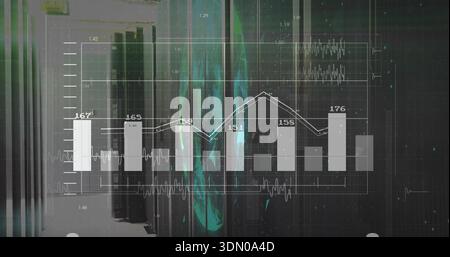 Displaying translucent HUD bar and line chart in data center aisle, showing server racks Stock Photo
