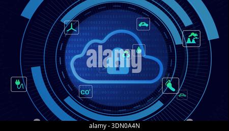 Displaying central cloud padlock on HUD, showing binary code, concentric rings and energy tiles Stock Photo