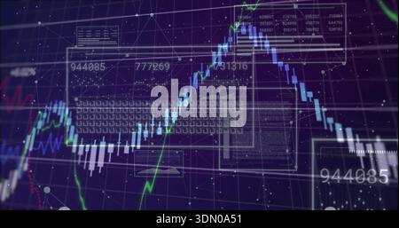 Displaying chart with blue white candlesticks, line graphs, volume bars at virtual terminal HUD Stock Photo