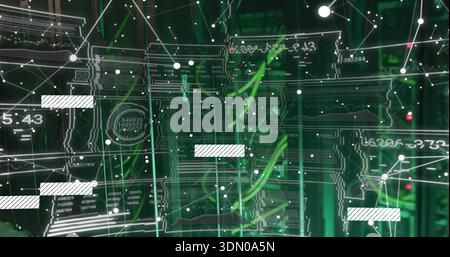 Floating translucent schematic overlaying server room, showing server racks, cables and LED lights Stock Photo