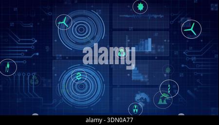 Displaying futuristic dashboard glowing on navy circuit board, showing concentric HUDs, waveform Stock Photo