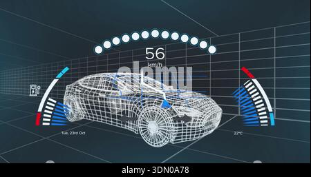 Displaying white wireframe 3D car model rotating in virtual 3D workspace, showing 56 km or h telemet Stock Photo
