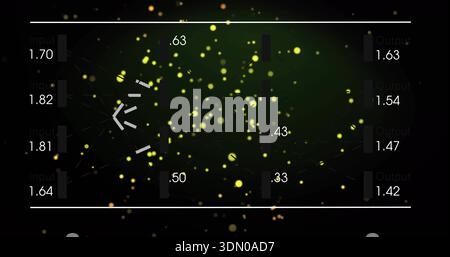 Showing central node network pulsing on dark dashboard, glowing yellow nodes, edges, sliders Stock Photo