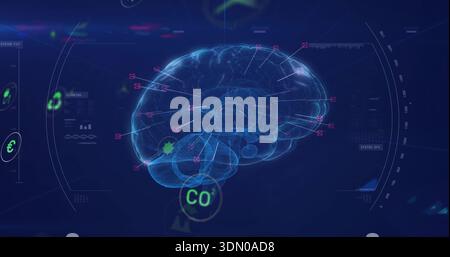 Floating holographic 3D brain wireframe showing magenta nodes, connector lines in virtual HUD Stock Photo
