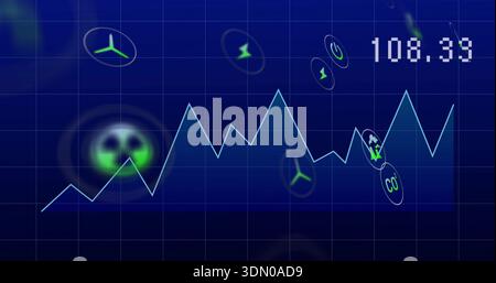 Displaying light-blue jagged line chart on dark-blue grid, showing CO tag, 108 Stock Photo