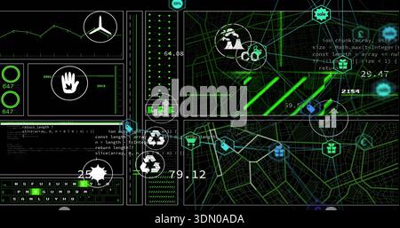 Displaying wireframe map panels on dark UI, showing node markers, gift-box icons, numeric readouts Stock Photo