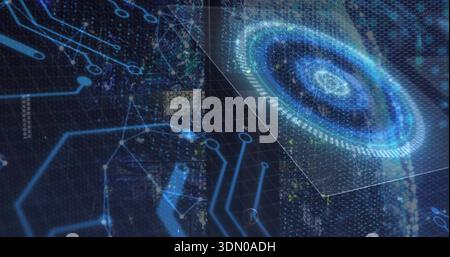 Glowing holographic circular data disc pulsing and rotating in 3D UI, with hex mesh panels Stock Photo