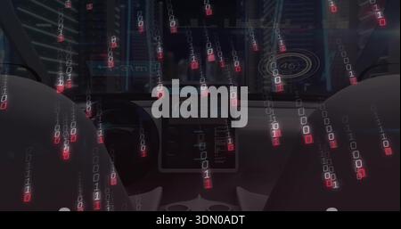 Glowing central touchscreen displaying autopilot data in car cabin at night, falling binary code Stock Photo