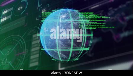 Displaying holographic Earth globe spinning in virtual HUD, showing neon-green grid, 45% gauge Stock Photo